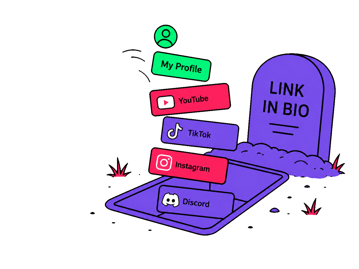 A link-in-bio headstone with the links tumbling into a grave.